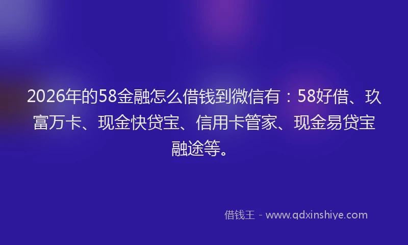 2026年的58金融怎么借钱到微信有：58好借、玖富万卡、现金快贷宝、信用卡管家、现金易贷宝融途等。