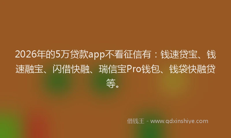 2026年的5万贷款app不看征信有:钱速贷宝、钱速融宝、闪借快融、瑞信宝Pro钱包、钱袋快融贷等。