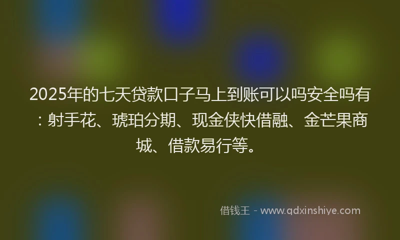 2025年的七天贷款口子马上到账可以吗安全吗有：射手花、琥珀分期、现金侠快借融、金芒果商城、借款易行等。
