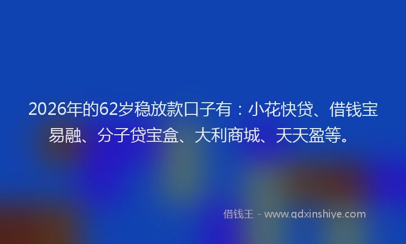 2026年的62岁稳放款口子有：小花快贷、借钱宝易融、分子贷宝盒、大利商城、天天盈等。