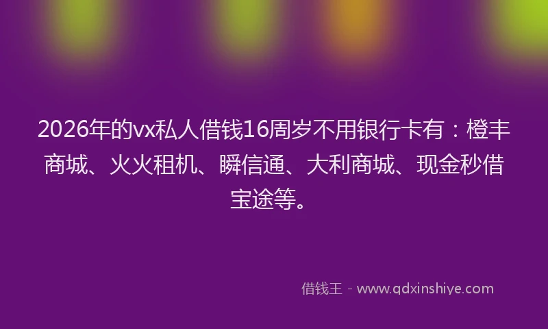 2026年的vx私人借钱16周岁不用银行卡有：橙丰商城、火火租机、瞬信通、大利商城、现金秒借宝途等。