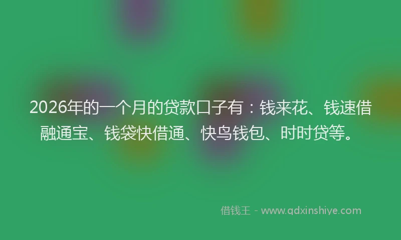 2026年的一个月的贷款口子有：钱来花、钱速借融通宝、钱袋快借通、快鸟钱包、时时贷等。