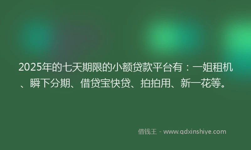 2025年的七天期限的小额贷款平台有：一姐租机、瞬下分期、借贷宝快贷、拍拍用、新一花等。
