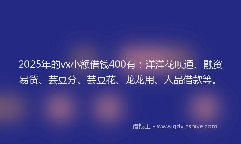 2025年的vx小额借钱400有：洋洋花呗通、融资易贷、芸豆分、芸豆花、龙龙用、人品借款等。