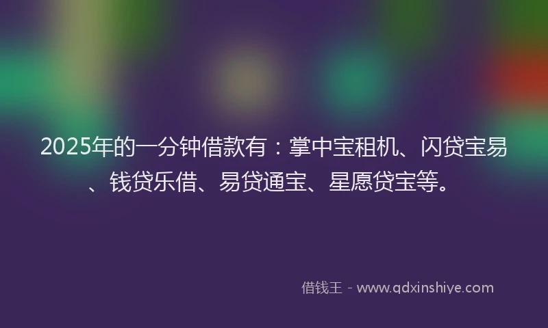 2025年的一分钟借款有：掌中宝租机、闪贷宝易、钱贷乐借、易贷通宝、星愿贷宝等。