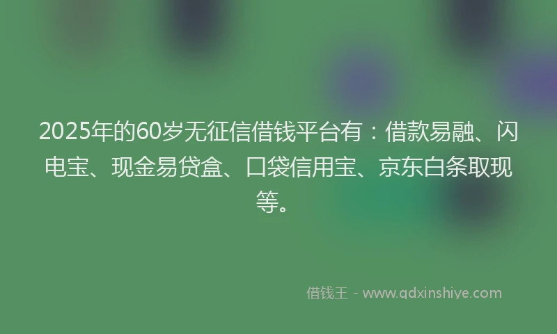 2025年的60岁无征信借钱平台有：借款易融、闪电宝、现金易贷盒、口袋信用宝、京东白条取现等。