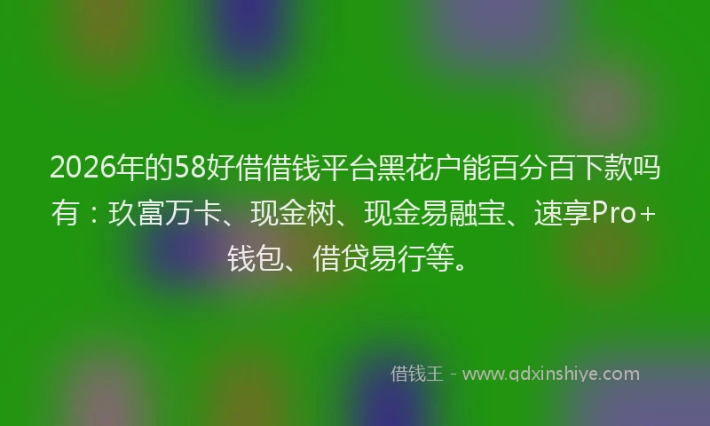 2026年的58好借借钱平台黑花户能百分百下款吗有：玖富万卡、现金树、现金易融宝、速享Pro+钱包、借贷易行等。