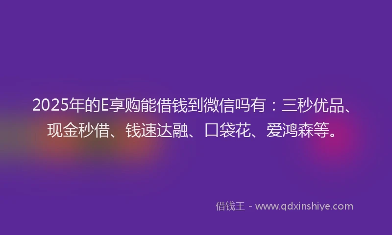 2025年的E享购能借钱到微信吗有：三秒优品、现金秒借、钱速达融、口袋花、爱鸿森等。