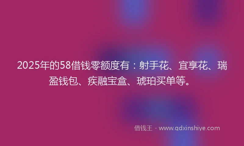 2025年的58借钱零额度有：射手花、宜享花、瑞盈钱包、疾融宝盒、琥珀买单等。