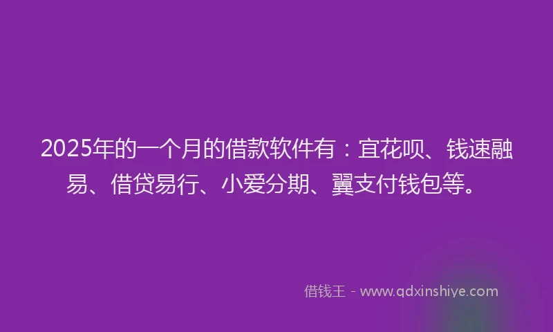 2025年的一个月的借款软件有:宜花呗、钱速融易、借贷易行、小爱分期、翼支付钱包等。