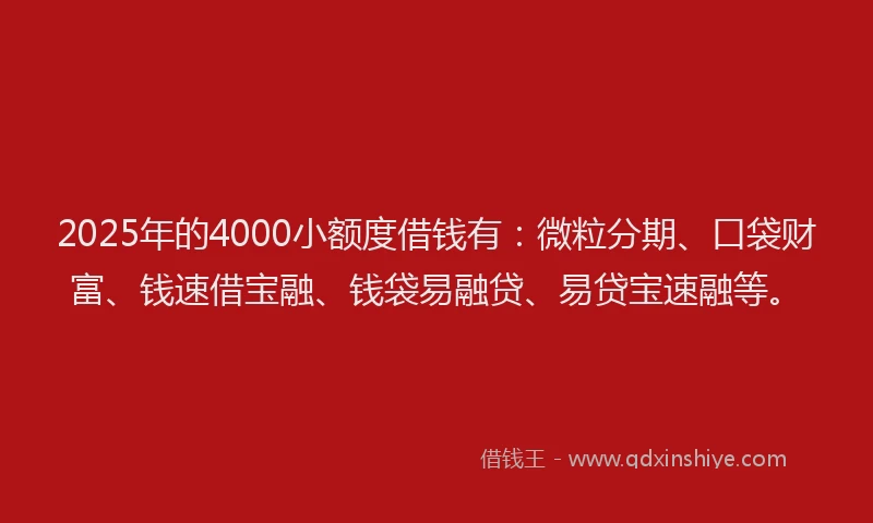 2025年的4000小额度借钱有：微粒分期、口袋财富、钱速借宝融、钱袋易融贷、易贷宝速融等。