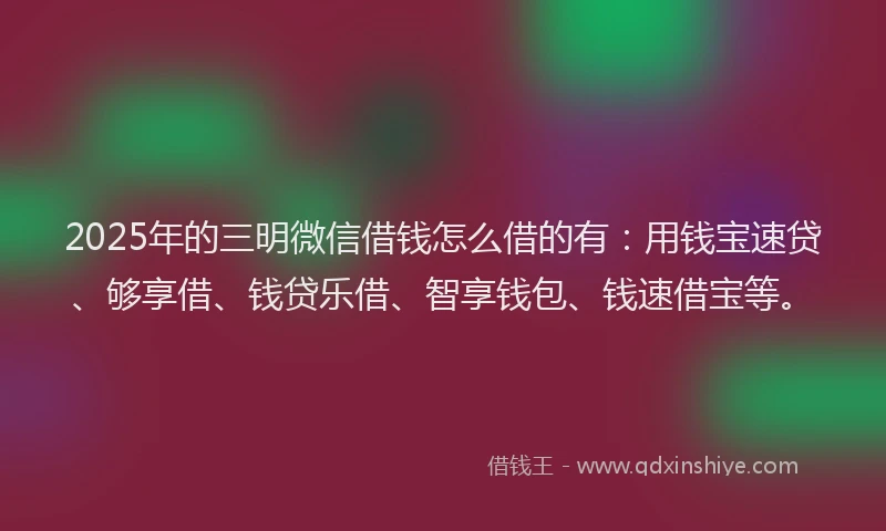 2025年的三明微信借钱怎么借的有：用钱宝速贷、够享借、钱贷乐借、智享钱包、钱速借宝等。