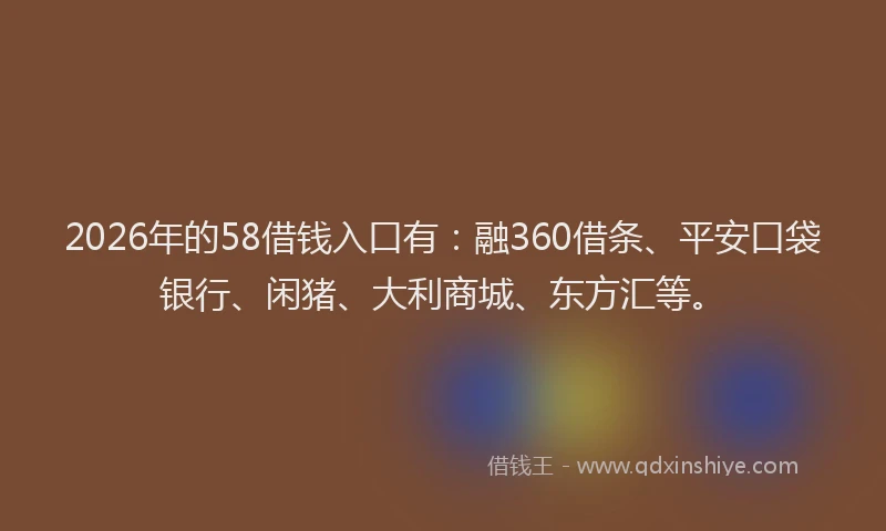 2026年的58借钱入口有：融360借条、平安口袋银行、闲猪、大利商城、东方汇等。