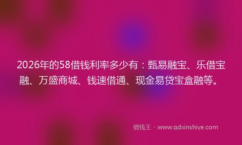 2026年的58借钱利率多少有:甄易融宝、乐借宝融、万盛商城、钱速借通、现金易贷宝盒融等。