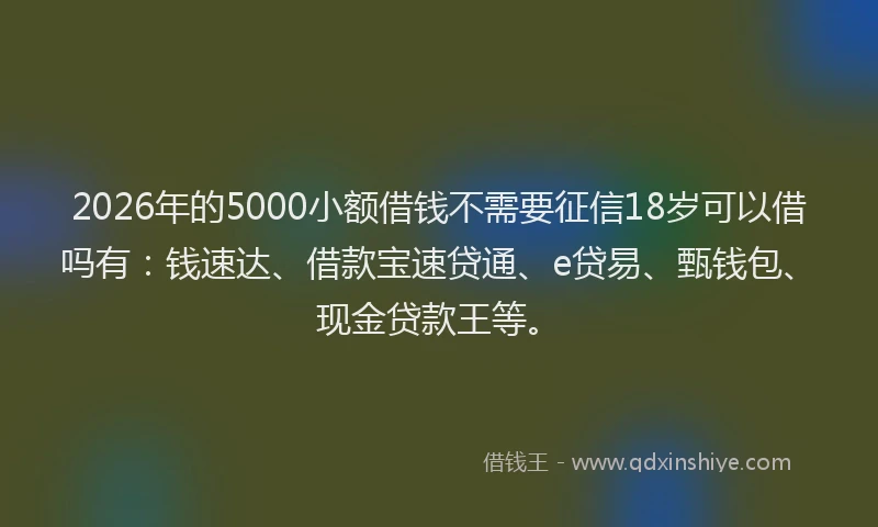 2026年的5000小额借钱不需要征信18岁可以借吗有:钱速达、借款宝速贷通、e贷易、甄钱包、现金贷款王等。