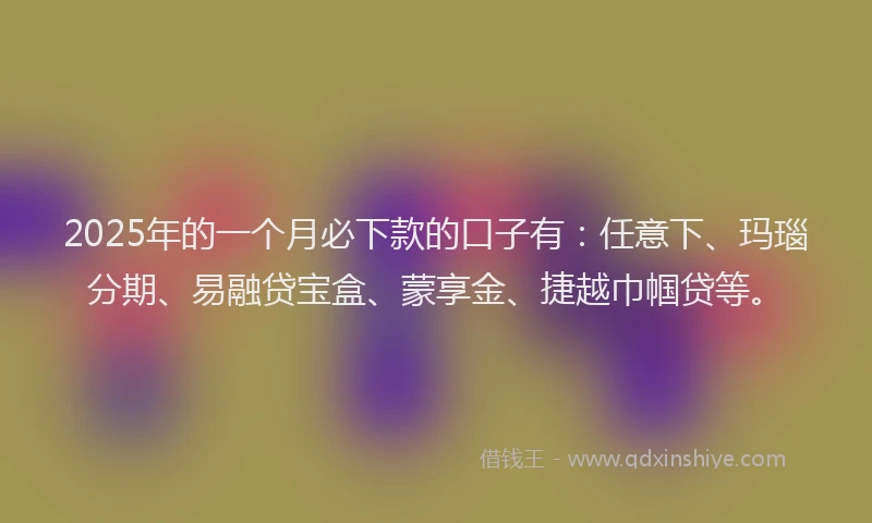 2025年的一个月必下款的口子有：任意下、玛瑙分期、易融贷宝盒、蒙享金、捷越巾帼贷等。