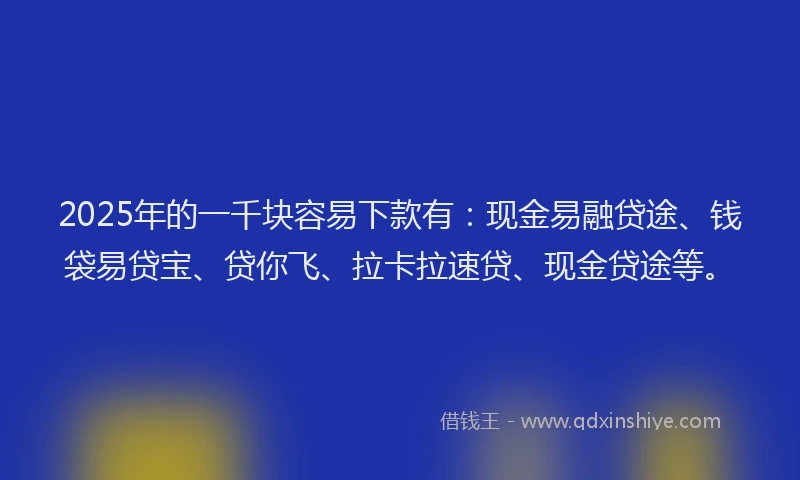 2025年的一千块容易下款有：现金易融贷途、钱袋易贷宝、贷你飞、拉卡拉速贷、现金贷途等。