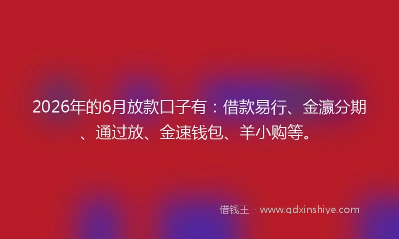 2026年的6月放款口子有:借款易行、金瀛分期、通过放、金速钱包、羊小购等。