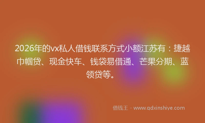2026年的vx私人借钱联系方式小额江苏有：捷越巾帼贷、现金快车、钱袋易借通、芒果分期、蓝领贷等。