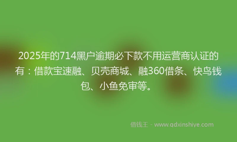 2025年的714黑户逾期必下款不用运营商认证的有：借款宝速融、贝壳商城、融360借条、快鸟钱包、小鱼免审等。