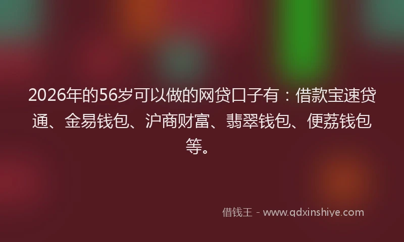 2026年的56岁可以做的网贷口子有：借款宝速贷通、金易钱包、沪商财富、翡翠钱包、便荔钱包等。