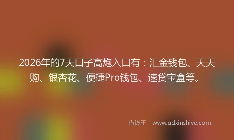 2026年的7天口子高炮入口有：汇金钱包、天天购、银杏花、便捷Pro钱包、速贷宝盒等。