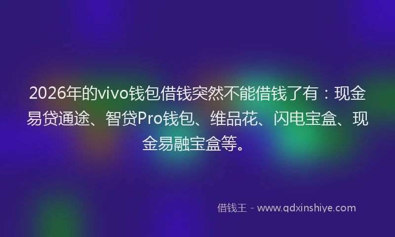 2026年的vivo钱包借钱突然不能借钱了有:现金易贷通途、智贷Pro钱包、维品花、闪电宝盒、现金易融宝盒等。