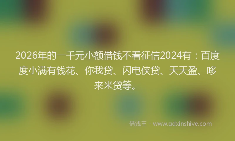 2026年的一千元小额借钱不看征信2024有：百度度小满有钱花、你我贷、闪电侠贷、天天盈、哆来米贷等。