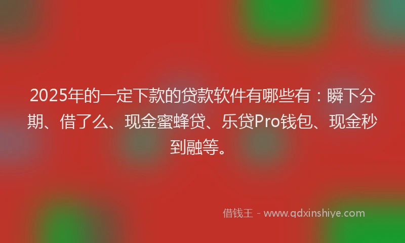 2025年的一定下款的贷款软件有哪些有：瞬下分期、借了么、现金蜜蜂贷、乐贷Pro钱包、现金秒到融等。
