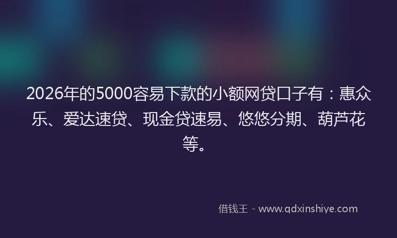 2026年的5000容易下款的小额网贷口子有：惠众乐、爱达速贷、现金贷速易、悠悠分期、葫芦花等。