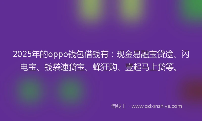 2025年的oppo钱包借钱有：现金易融宝贷途、闪电宝、钱袋速贷宝、蜂狂购、壹起马上贷等。