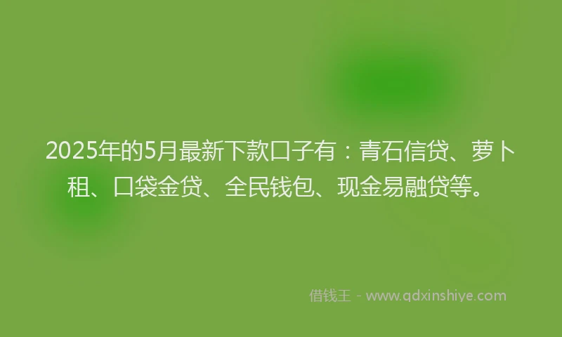 2025年的5月最新下款口子有:青石信贷、萝卜租、口袋金贷、全民钱包、现金易融贷等。