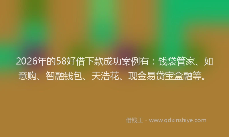 2026年的58好借下款成功案例有：钱袋管家、如意购、智融钱包、天浩花、现金易贷宝盒融等。
