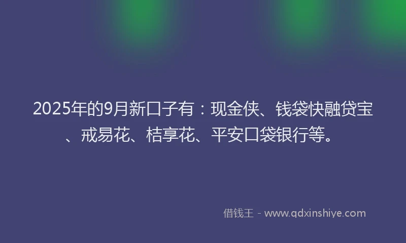 2025年的9月新口子有:现金侠、钱袋快融贷宝、戒易花、桔享花、平安口袋银行等。