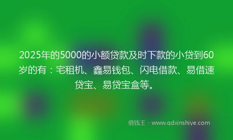 2025年的5000的小额贷款及时下款的小贷到60岁的有：宅租机、鑫易钱包、闪电借款、易借速贷宝、易贷宝盒等。