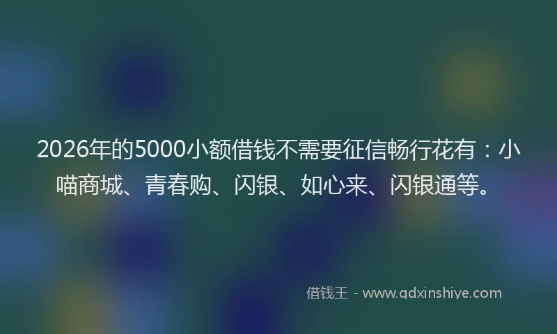 2026年的5000小额借钱不需要征信畅行花有：小喵商城、青春购、闪银、如心来、闪银通等。