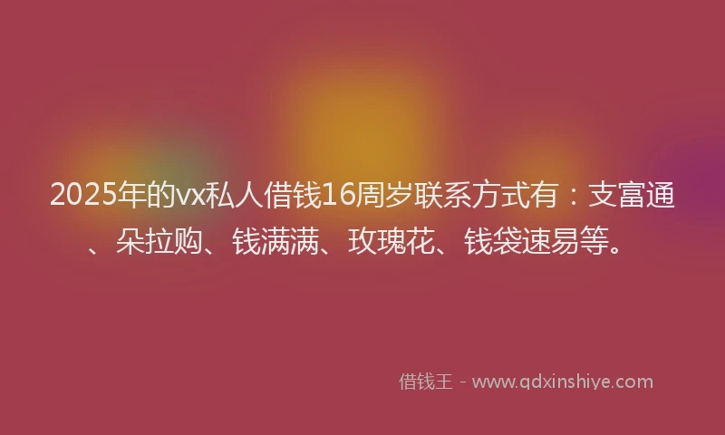 2025年的vx私人借钱16周岁联系方式有：支富通、朵拉购、钱满满、玫瑰花、钱袋速易等。