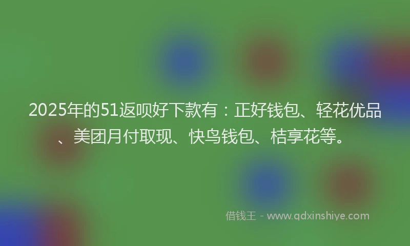 2025年的51返呗好下款有:正好钱包、轻花优品、美团月付取现、快鸟钱包、桔享花等。