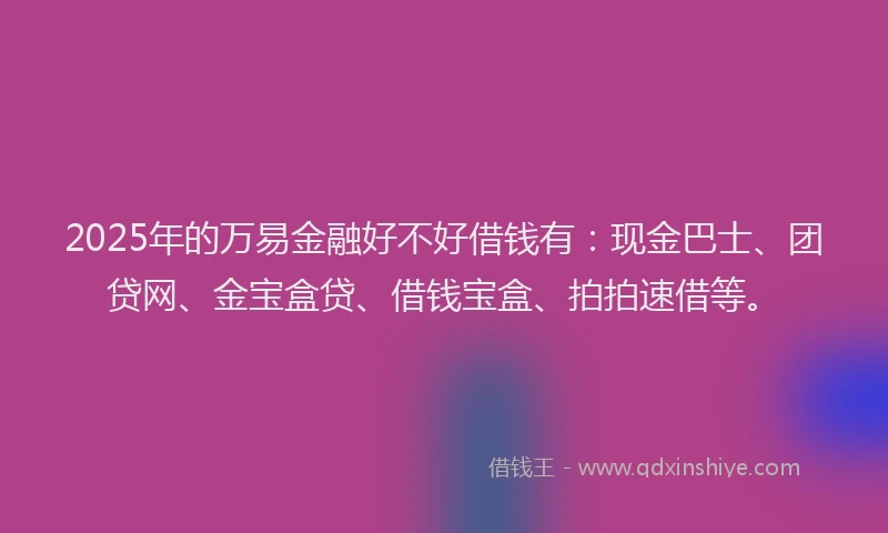 2025年的万易金融好不好借钱有：现金巴士、团贷网、金宝盒贷、借钱宝盒、拍拍速借等。
