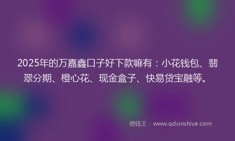 2025年的万嘉鑫口子好下款嘛有：小花钱包、翡翠分期、橙心花、现金盒子、快易贷宝融等。
