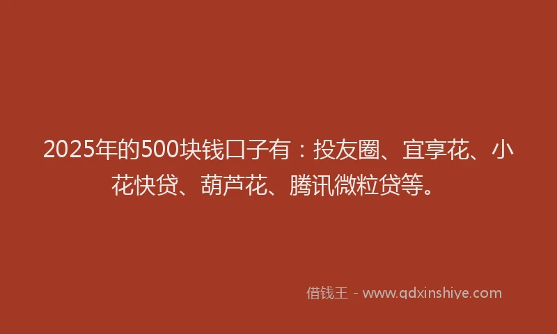 2025年的500块钱口子有：投友圈、宜享花、小花快贷、葫芦花、腾讯微粒贷等。