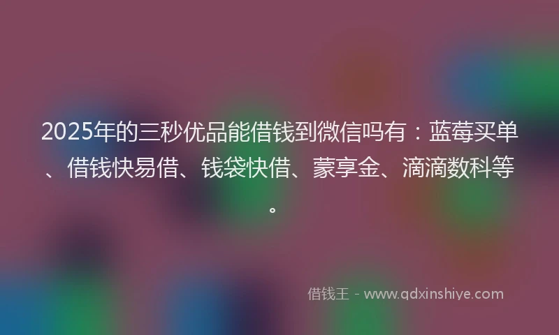 2025年的三秒优品能借钱到微信吗有：蓝莓买单、借钱快易借、钱袋快借、蒙享金、滴滴数科等。