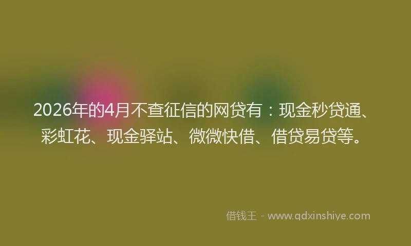 2026年的4月不查征信的网贷有：现金秒贷通、彩虹花、现金驿站、微微快借、借贷易贷等。