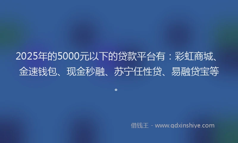 2025年的5000元以下的贷款平台有：彩虹商城、金速钱包、现金秒融、苏宁任性贷、易融贷宝等。