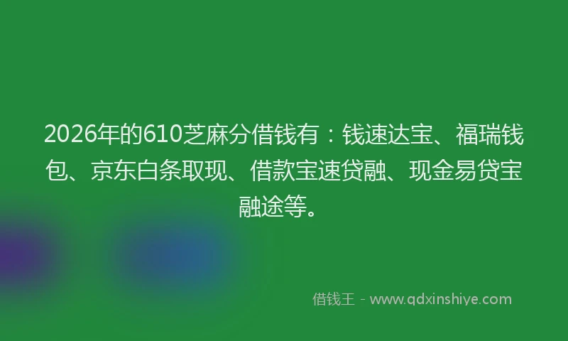 2026年的610芝麻分借钱有:钱速达宝、福瑞钱包、京东白条取现、借款宝速贷融、现金易贷宝融途等。