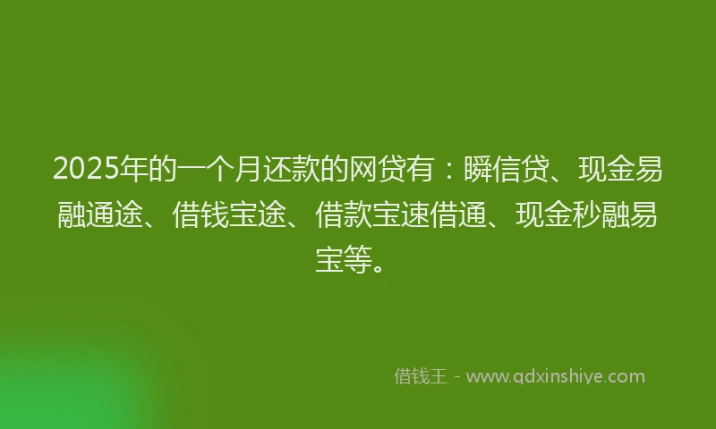 2025年的一个月还款的网贷有：瞬信贷、现金易融通途、借钱宝途、借款宝速借通、现金秒融易宝等。