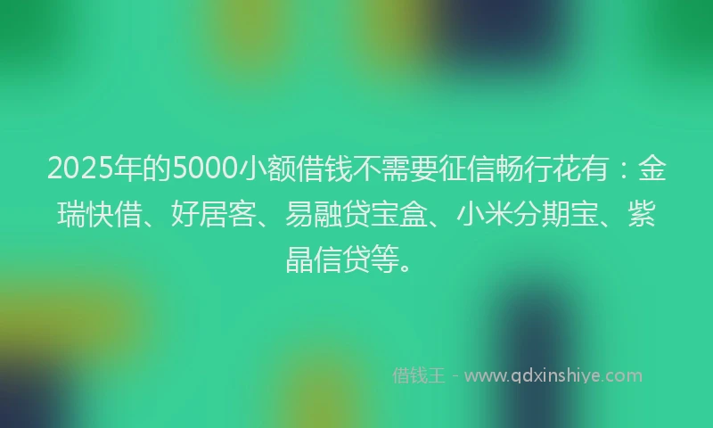 2025年的5000小额借钱不需要征信畅行花有:金瑞快借、好居客、易融贷宝盒、小米分期宝、紫晶信贷等。