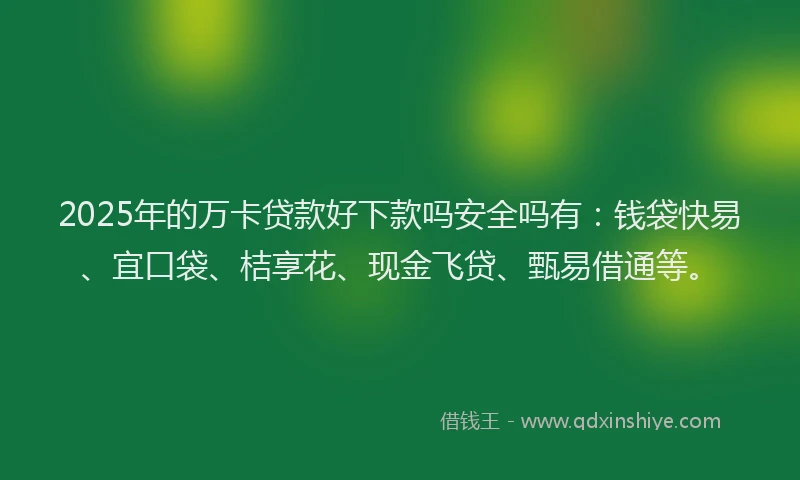 2025年的万卡贷款好下款吗安全吗有：钱袋快易、宜口袋、桔享花、现金飞贷、甄易借通等。