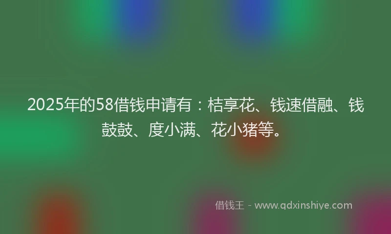 2025年的58借钱申请有：桔享花、钱速借融、钱鼓鼓、度小满、花小猪等。
