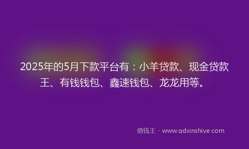 2025年的5月下款平台有：小羊贷款、现金贷款王、有钱钱包、鑫速钱包、龙龙用等。